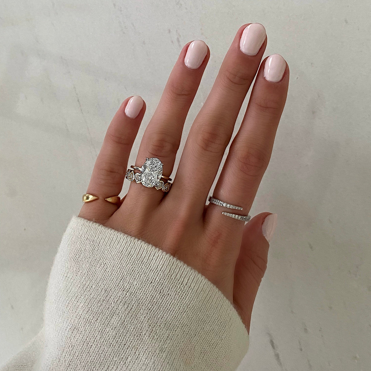 Bridal Wedding Bands Heart Bezel Eternity Band - paired with oval engagement ring and 2 fine jewelry rings