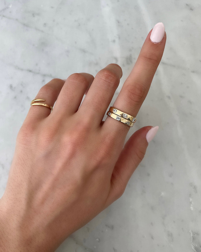 Bridal Wedding Bands Oval Luxe Inlay Eternity Band 2 stacked on pointer fingers