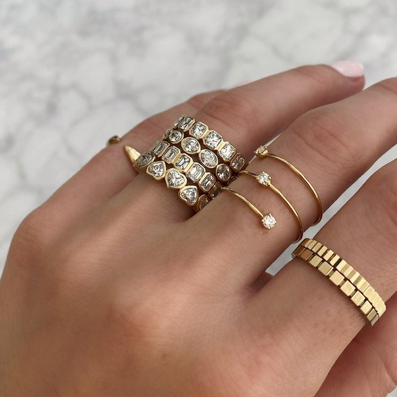 Bridal Wedding Bands Sideways Petite Oval Bezel Eternity Band 4 shapes stacked on pointer finger other fine jewelry rings