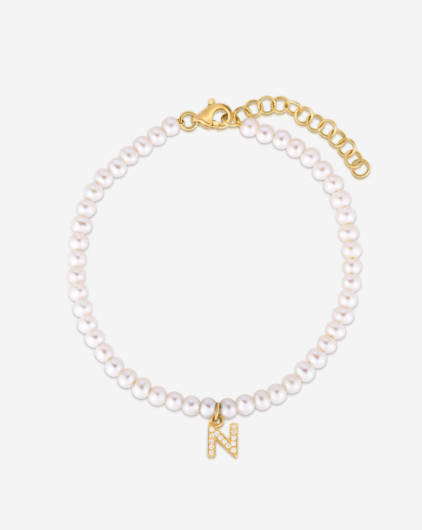 Ring Concierge Bracelets Pearl + Pavé Initial Bracelet in 14K Yellow Gold with "N" initial