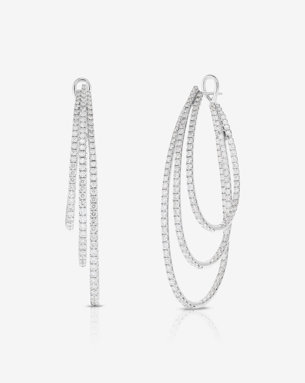 Ring Concierge 14k White Gold Triple Row Diamond Earrings with Hoops at Gradual Lengths
