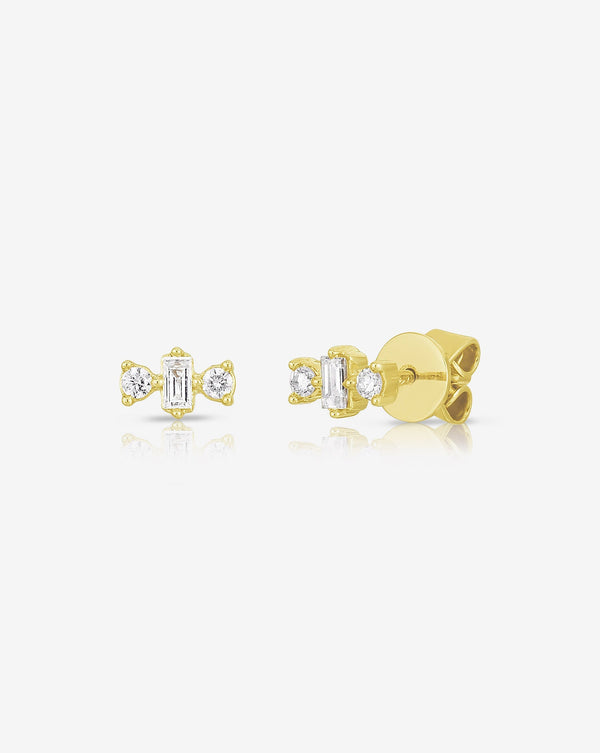 Ring Concierge Earrings 14k Yellow Gold / Pair Mini Baguette + Round Trio Studs