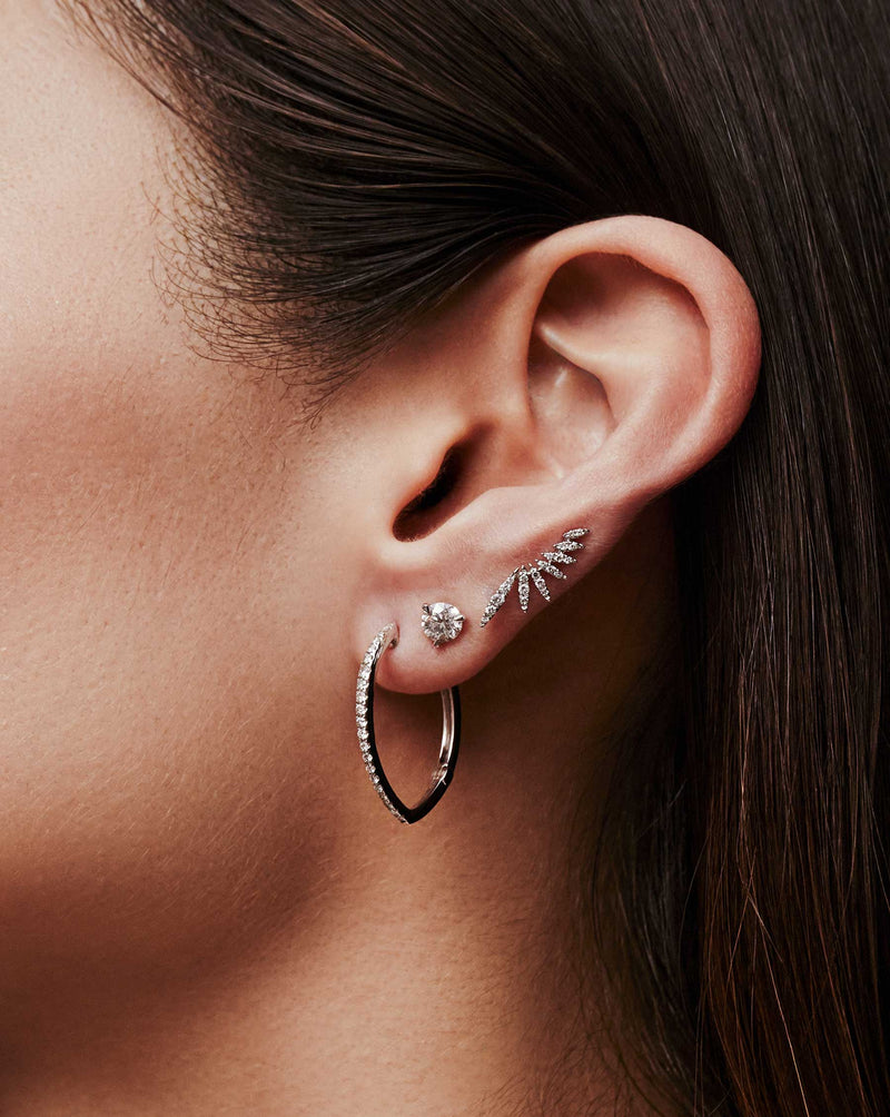 Ring Concierge Earrings 14k White Gold Graduated Marquise Diamond Hoops on Model - Styled with Round Studs and Marquise Ear Climber