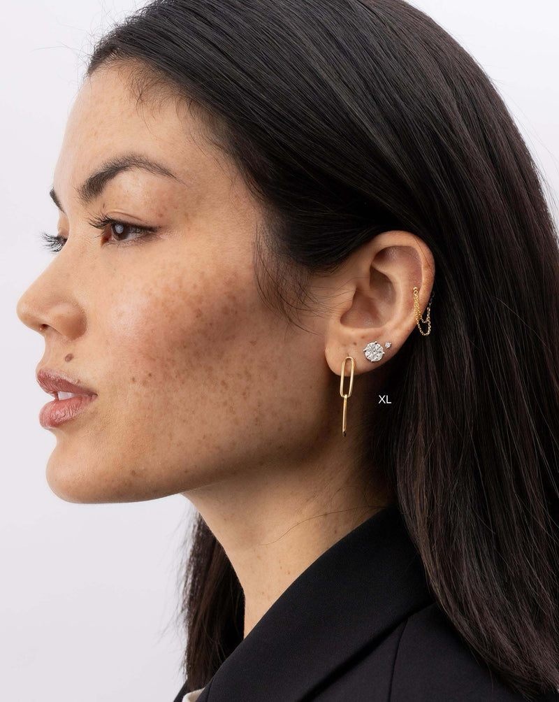 Ring Concierge Earrings Round Illusion Diamond Studs size XL on model paired with link chain drop earrings, tiny diamond stud and Double Chain Front to Back Studs.
