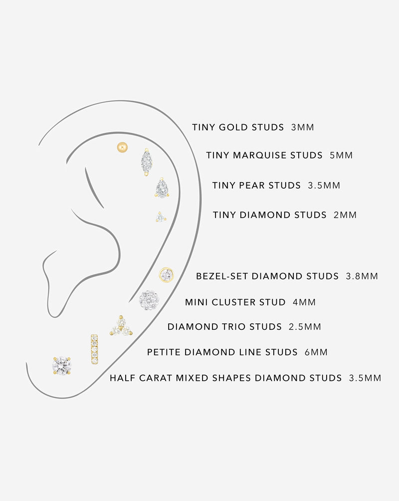 comparison of eight diamond studs and one gold ball stud on an illustration of an ear