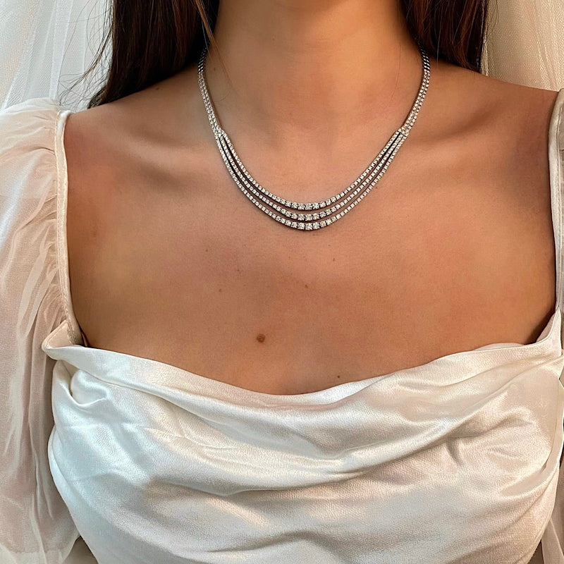 Ring Concierge Necklaces 14k White Gold Triple Row Graduated Diamond Necklace - on-model with model wearing silky white top