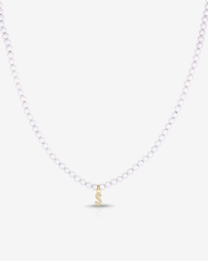 Pearl and Pave Initial Choker - 14k Yellow Gold with Initial "S"