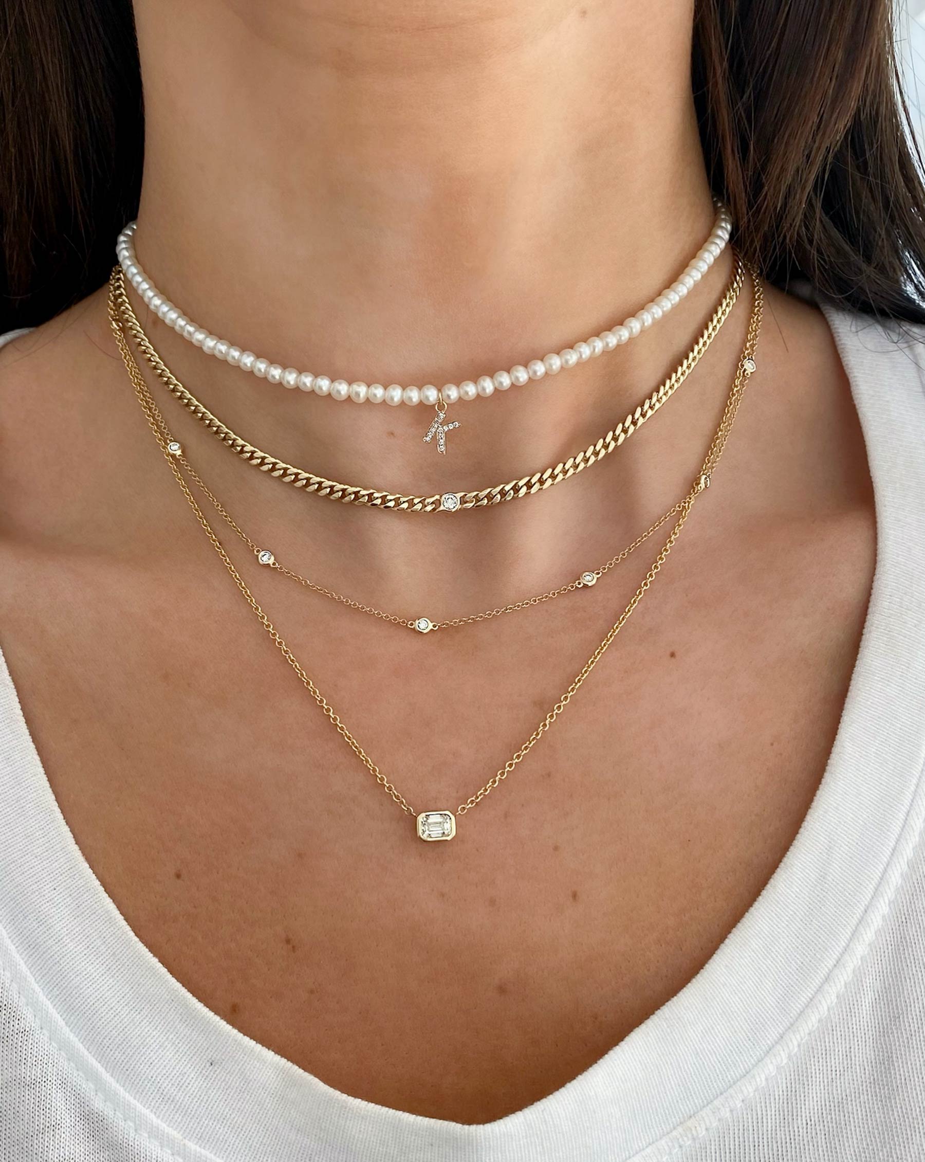 Petite Bezel Set Diamond Curb Chain Choker 14K White Gold
