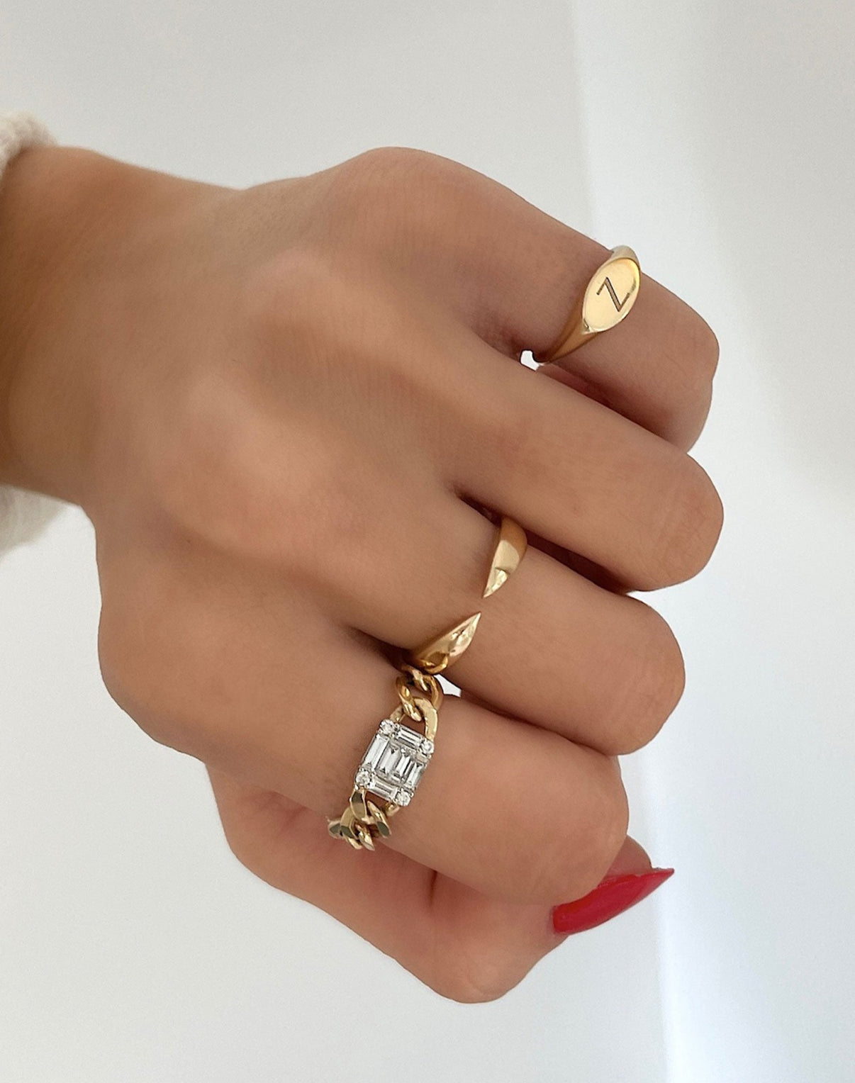 Ring Concierge Engravable Gold Signet Ring - ring worn on pinky engraved with letter 'Z' and styled with other fine jewelry