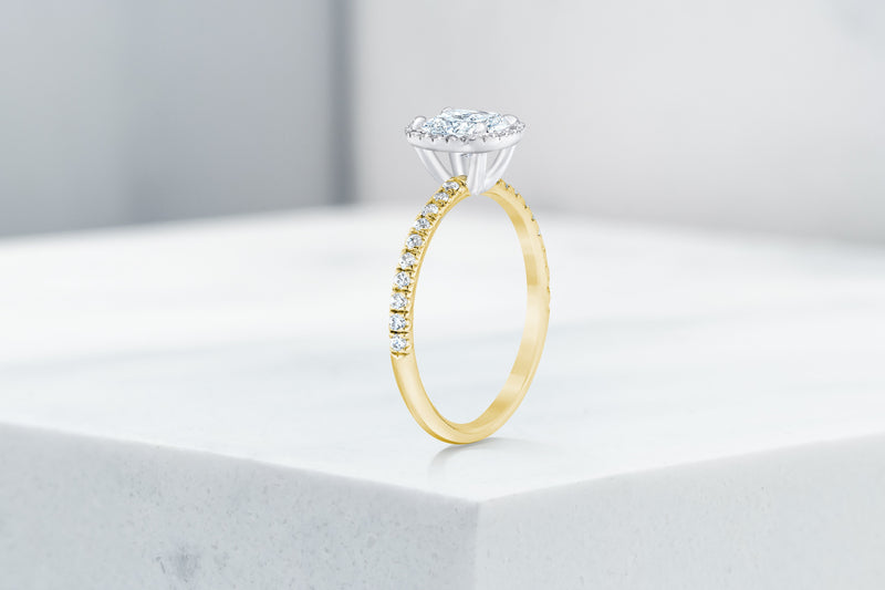 Delancey VOW by Ring Concierge antique-style cushion halo engagement ring with micropave band in yellow gold. 33281357873240