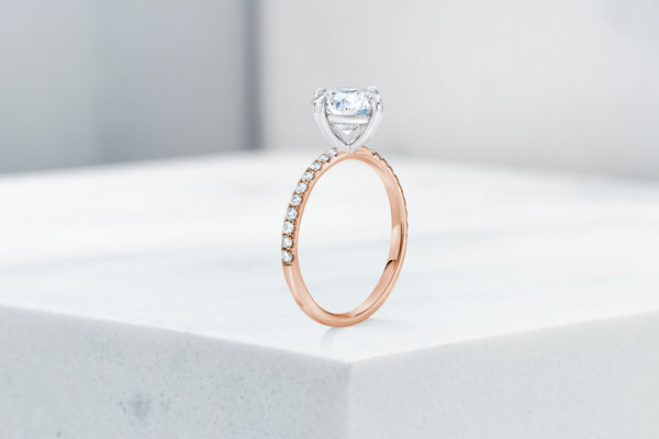 Lafayette VOW by Ring Concierge round north south east west prongs micropave engagement ring in rose gold. 33281382285400