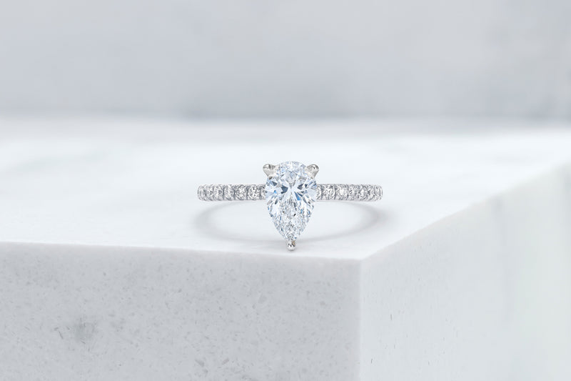 Lexington VOW by Ring Concierge pear shaped micropave engagement ring in platinum. 33281434320984 