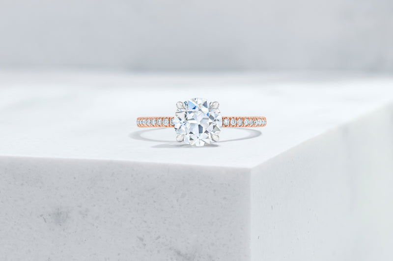 Lexington VOW by Ring Concierge antique-style round micropave engagement ring in rose gold. 33281434452056 