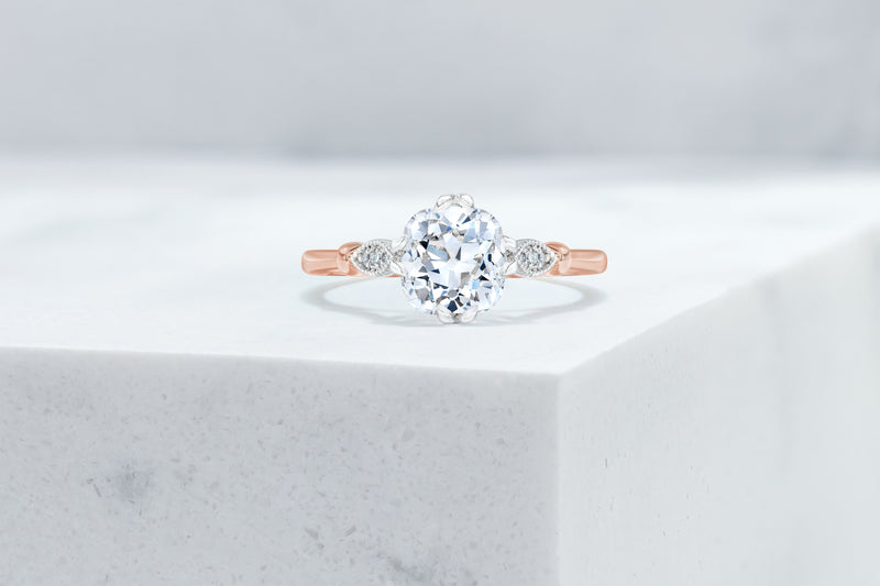Park VOW by Ring Concierge antique-style cushion detailed engagement ring in rose gold. 33281410924632
